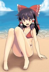 Rule 34 | 1girl, arm support, bad id, bad pixiv id, barefoot, beach, bikini, black hair, blush, breasts, cameltoe, cleavage, cloud, day, feet, female focus, frilled bikini, frills, hair ribbon, hakurei reimu, long hair, nail polish, open mouth, outdoors, pink nails, poporon, red bikini, red eyes, ribbon, sand, short hair, sitting, sky, small breasts, smile, solo, swimsuit, touhou, water