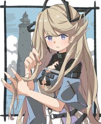 Rule 34 | 1girl, arknights, blush, brown hair, commentary, hair ornament, indigo (arknights), infection monitor (arknights), long hair, motsupu, parted lips, pointy ears, purple eyes, solo