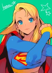 Rule 34 | 1girl, blonde hair, blue bodysuit, blue eyes, bodysuit, cape, closed mouth, cross-body stretch, dc comics, grey background, highres, kotatsu (g-rough), lips, long hair, looking at viewer, red cape, signature, simple background, solo, stretching, supergirl, superhero costume, superman (series), upper body