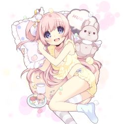 Rule 34 | 1girl, asymmetrical legwear, blue eyes, blush, breasts, candy, cleavage, cookie, cup, drink, food, hair ornament, long hair, lying, macaron, marshmallow, midriff, mismatched legwear, navel, official art, on side, one side up, open mouth, pillow, pink hair, single thighhigh, sleepwear, solo, striped clothes, striped thighhighs, stuffed animal, stuffed rabbit, stuffed toy, thighhighs, transparent background, uchi no hime-sama ga ichiban kawaii