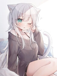 Rule 34 | 1girl, animal ears, black shorts, breasts, brown shirt, cat ears, cat girl, cat tail, cleavage, commentary request, feet out of frame, green eyes, grey hair, hair between eyes, hand up, highres, long hair, long sleeves, medium breasts, off-shoulder shirt, off shoulder, original, pillow, puffy long sleeves, puffy sleeves, ringouulu, rubbing eyes, shirt, short shorts, shorts, sleeves past wrists, solo, tail, very long hair