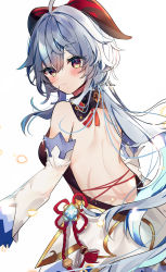 Rule 34 | 1girl, ahoge, back, backless outfit, bare shoulders, blue hair, blush, bow, chinese knot, detached sleeves, flower knot, from behind, ganyu (genshin impact), genshin impact, highres, horns, long hair, looking at viewer, looking back, low ponytail, purple eyes, sidelocks, solo, tassel, upper body, vision (genshin impact), white background, white sleeves, yuzukiyuno (yunmu g)
