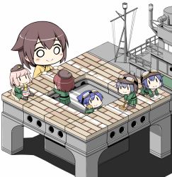 Rule 34 | 10s, 6+girls, blush, broom, brown hair, chibi, cup ramen, fairy (kancolle), food, goggles, goggles on head, hat, helmet, hiryuu (kancolle), kantai collection, multiple girls, noodles, o o, pink hair, shishigami (sunagimo), simple background, sitting, smile, table, tenzan (kancolle), type 0 fighter model 21, type 97 torpedo bomber, type 99 dive bomber, white background