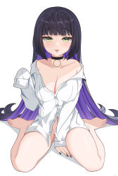 Rule 34 | 1girl, absurdres, bare shoulders, barefoot, black choker, black hair, black nails, blunt bangs, blush, bocchi the rock!, bottomless, breasts, chin piercing, choker, collarbone, colored inner hair, dress shirt, earrings, green eyes, highres, hime cut, jewelry, large breasts, lips, long hair, long sleeves, looking at viewer, mole, mole under eye, multicolored hair, nail polish, naked shirt, navel, off shoulder, open clothes, open shirt, pa-san, parted lips, piercing, purple hair, ranran236, shirt, simple background, sitting, sleeves past wrists, smile, solo, wariza, white background, white shirt