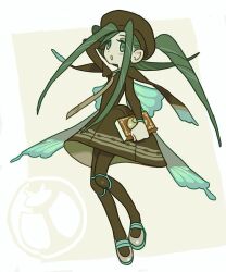 Rule 34 | 1girl, :o, arm up, blue wings, bohovv, book, brown dress, brown headwear, brown necktie, brown pantyhose, bug miku (project voltage), commentary request, creatures (company), dress, eyeshadow, fake wings, full body, game freak, green eyes, green hair, grey eyeshadow, hair through headwear, hatsune miku, highres, holding, holding book, korean commentary, long hair, long sleeves, looking at viewer, makeup, necktie, nintendo, open mouth, pantyhose, pokemon, project voltage, shoes, solo, standing, twintails, very long hair, vocaloid, wings