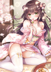 Rule 34 | 1girl, black hair, blurry, blurry foreground, blush, breasts, brown eyes, cleavage, commentary request, cup, dango, depth of field, double bun, feet out of frame, floral print, flower, food, frilled kimono, frilled panties, frilled sleeves, frills, hair between eyes, hair bun, hair flower, hair ornament, hand up, highres, holding, holding food, japanese clothes, kimono, long hair, long sleeves, looking at viewer, medium breasts, mitsuba choco, nail polish, no shoes, obi, off shoulder, original, panties, parted lips, pink flower, pink kimono, pink nails, print kimono, sanshoku dango, sash, sleeves past wrists, solo, thighhighs, tray, underwear, very long hair, wagashi, white flower, white panties, white thighhighs, wide sleeves