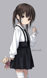 Rule 34 | 1girl, bandaged leg, bandaged wrist, bandages, bandaid, bandaid on cheek, bandaid on face, bandaid on leg, boxcutter, brown eyes, brown hair, collared shirt, expressionless, holding, holding boxcutter, holding stuffed toy, long hair, long sleeves, looking at viewer, necktie, original, ruimado, shirt, skirt, solo, stuffed animal, stuffed cat, stuffed toy, suspender skirt, suspenders, twintails
