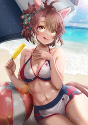 Rule 34 | 1girl, ahoge, animal ears, ball, beachball, bikini, blue sky, breasts, brown eyes, brown hair, cleavage, closed mouth, cloud, cloudy sky, collarbone, commentary request, dantsu flame (umamusume), day, ear covers, ear ornament, food, hair between eyes, hair ornament, highres, holding, holding food, holding popsicle, horse ears, horse girl, horse tail, large breasts, lens flare, licking lips, looking at viewer, navel, ocean, otono (bkt4b), outdoors, popsicle, shorts, sitting, sky, solo, stomach, swimsuit, tail, tongue, tongue out, umamusume, wariza, white bikini