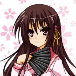 Rule 34 | 1girl, cherry blossoms, hand fan, female focus, hatsunatsu, lowres, school uniform, solo, tenshinranman, unohana no sakuyahime, white background