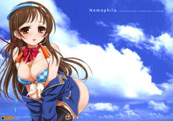 Rule 34 | 10s, 1girl, ass, bare shoulders, blush, bow, breasts, brown eyes, brown hair, cleavage, cloud, collar, collarbone, cover, day, heart, idolmaster, idolmaster cinderella girls, inoue tomii, leash, long hair, long sleeves, medium breasts, nitta minami, open mouth, sex toy, sky, sleeveless, solo, vibrator, yakanhonpo