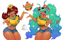 Rule 34 | 2girls, bikini, bikini under clothes, brazilian miku, brazilian miku (cosplay), breasts, cosplay, dark-skinned female, dark skin, hatsune miku, large breasts, little blood, long hair, mario (series), multiple girls, nintendo, princess daisy, solo, swimsuit, thong, thong bikini, very long hair, vocaloid, wide hips