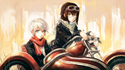 Rule 34 | 2girls, blue eyes, brown hair, dysfunctional systems, glasses, goggles, goggles on head, green eyes, highres, jacket, leather, leather jacket, looking at viewer, motor vehicle, motorcycle, multiple girls, riding, scarf, semi-rimless eyewear, short hair, sidecar, silver hair, softmode, under-rim eyewear, vehicle, waverly ayre, winter harrison