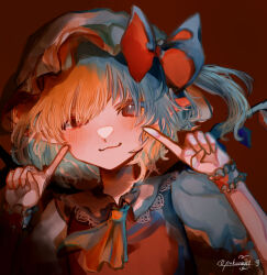 Rule 34 | 1girl, ascot, blonde hair, blush, bow, brown background, commentary request, crystal, flandre scarlet, flat chest, hair between eyes, hair over one eye, hands up, hat, hat bow, highres, looking at viewer, one side up, petite, pointy ears, puffy short sleeves, puffy sleeves, pukuno, red bow, red eyes, red vest, short hair, short sleeves, simple background, smug, solo, touhou, upper body, v-shaped eyebrows, vest, wing collar, wings, wrist cuffs, yellow ascot