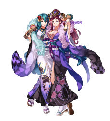 Rule 34 | 2girls, alternate costume, braid, breasts, circlet, cleavage, closed mouth, conope, female focus, fire emblem, fire emblem heroes, flower, full body, green hair, hair flower, hair ornament, hat, holding, japanese clothes, kimono, large breasts, loki (fire emblem), long hair, long sleeves, multiple girls, nail polish, new year, nintendo, obi, purple eyes, purple hair, purple nails, sash, simple background, smile, standing, tabi, thorr (fire emblem), twitter username, white background, wide sleeves, yellow eyes