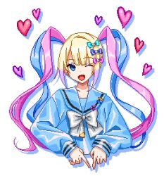 Rule 34 | 1girl, ;d, blonde hair, blue bow, blue eyes, blue hair, blue shirt, bow, chouzetsusaikawa tenshi-chan, cropped torso, drop shadow, hair bow, hair ornament, heart, heart hair ornament, long hair, long sleeves, looking at viewer, multicolored hair, needy girl overdose, one eye closed, open mouth, pink bow, pink hair, pixel art, purple bow, quad tails, sailor collar, sgawarananto, shirt, smile, solo, twintails, very long hair, white background, white bow