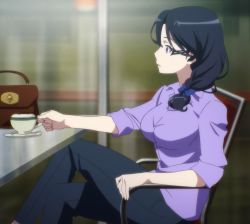 Rule 34 | 10s, 1girl, glasses, gonou hitomi, rail wars!, screencap, sitting, solo, stitched, third-party edit