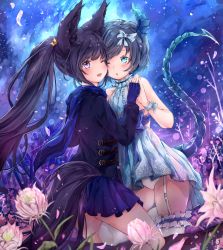 Rule 34 | 2girls, absurdres, animal ears, black coat, black hair, black skirt, blade &amp; soul, blue dress, blue eyes, blue scarf, bow, cheek-to-cheek, cloud, coat, commission, dema hmw, dog ears, dog tail, dress, fingerless gloves, flower, frilled legwear, garter straps, gloves, grey hair, hair bow, has bad revision, has downscaled revision, heads together, highres, holding hands, knee up, legs, long hair, lyn (blade &amp; soul), md5 mismatch, miniskirt, multiple girls, night, night sky, one eye closed, open mouth, outdoors, panties, pantyshot, ponytail, purple eyes, resolution mismatch, ribbon, scarf, short dress, short hair, skirt, sky, sleeveless, sleeveless dress, smile, source smaller, standing, star (sky), straddling, tail, thighhighs, underwear, very long hair, white legwear, white panties