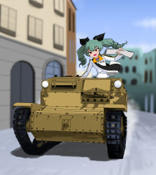 Rule 34 | 10s, 1girl, anchovy (girls und panzer), blush, carro veloce cv-33, casual, caterpillar tracks, drill hair, girls und panzer, green hair, hair ribbon, highres, holding, jacket, long sleeves, military, military vehicle, motor vehicle, name tag, newspaper, open mouth, ribbon, riding, smile, solo, tank, track jacket, twin drills, twintails, vehicle, yamucya01