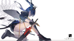 Rule 34 | 1girl, arknights, black footwear, black gloves, black jacket, black shorts, blue hair, ch&#039;en (arknights), character name, closed mouth, dragon horns, dragon tail, fingerless gloves, from side, gloves, holding, horns, jacket, kuroduki (pieat), looking at viewer, low twintails, on one knee, profile, red eyes, shin guards, shorts, simple background, solo, sword, tail, twintails, weapon
