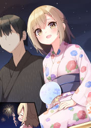 Rule 34 | 1boy, 1girl, :d, aerial fireworks, black hair, black kimono, blush, braid, breasts, chibi, childhood friend (ominaeshi), closed eyes, closed mouth, commentary request, faceless, faceless male, fireworks, floral print, hair between eyes, hair ornament, hairclip, hand fan, highres, holding, holding fan, japanese clothes, kimono, long sleeves, medium breasts, night, night sky, obi, ominaeshi (takenoko), open mouth, original, outdoors, paper fan, pink kimono, print kimono, profile, sash, sitting, sky, smile, star (sky), starry sky, translation request, uchiwa, wide sleeves