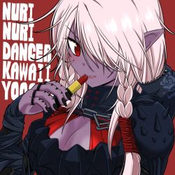 Rule 34 | blonde hair, braid, breasts, chain, cleavage, cloak, fingerless gloves, floral print, flower, gloves, hair over one eye, hood, hooded cloak, jewelry, large breasts, lipstick, long hair, makeup, nail polish, neck ring, pointy ears, red eyes, ring, rose, rose print, shadow dancer (dungeon and fighter), spikes, tattoo, thief (dungeon and fighter), torn clothes, twin braids