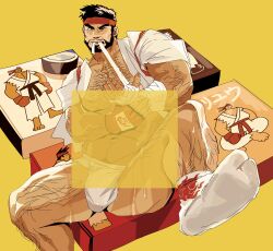 Rule 34 | 1boy, abs, absurdres, alternate body hair, applying bandages, arm hair, bamashengze, bara, bare pectorals, beard, black hair, bulge, censored, chest hair, dougi, facial hair, feet, forked eyebrows, frown, fundoshi, hairy, headband, highres, japanese clothes, large pectorals, leg hair, looking at viewer, male focus, mature male, merchandise, muscular, muscular male, mustache, navel, navel hair, nipples, no pants, one eye closed, open clothes, open shirt, pectorals, presenting foot, red headband, ryu (street fighter), see-through, short hair, socks, soles, solo, spread legs, stomach, street fighter, street fighter 6, sweat, thick eyebrows, thick thighs, thighs, very sweaty, wet, wet clothes, wet fundoshi, white socks