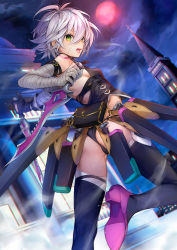 Rule 34 | 1girl, ass, back, bandaged arm, bandages, bare shoulders, black panties, black thighhighs, black vest, boots, breasts, cropped vest, dagger, facial scar, fate/apocrypha, fate/grand order, fate (series), full moon, green eyes, hair between eyes, jack the ripper (fate/apocrypha), kaguyuzu, knife, looking at viewer, looking back, lowleg, lowleg panties, moon, night, night sky, open mouth, panties, purple footwear, red moon, scar, scar across eye, scar on cheek, scar on face, sheath, short hair, shoulder tattoo, sky, small breasts, solo, tattoo, thigh boots, thighhighs, thighs, underwear, vest, weapon, white hair