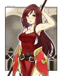 Rule 34 | 1girl, altena (fire emblem), arm up, armor, bare shoulders, belt, belt buckle, blush, breasts, brown eyes, brown hair, buckle, collarbone, fire emblem, fire emblem: genealogy of the holy war, headband, holding, holding weapon, long hair, nintendo, open mouth, solo, solo focus, weapon, white headband, yukia (firstaid0)