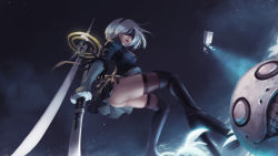 Rule 34 | 1girl, allen hsieh, android, ass, black blindfold, black dress, black hairband, blindfold, boots, breasts, cleavage cutout, clothing cutout, covered eyes, dress, feather-trimmed sleeves, from below, gloves, hairband, high heel boots, high heels, highres, holding, holding sword, holding weapon, juliet sleeves, katana, leather, leather boots, long sleeves, medium breasts, mole, mole under mouth, nier (series), nier:automata, night, night sky, pod (nier:automata), puffy sleeves, silver hair, sky, solo, sword, sword behind back, thigh boots, thighhighs, thighhighs under boots, thighs, upskirt, vambraces, weapon, 2b (nier:automata)