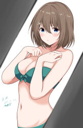Rule 34 | 1girl, abataa, absurdres, bra, breasts, brown hair, character name, cleavage, dated, green bra, green eyes, hair ornament, highres, kantai collection, looking at viewer, maya (kancolle), medium breasts, navel, short hair, solo, underwear, upper body, x hair ornament