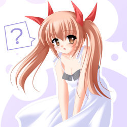 Rule 34 | 1girl, ?, bad link, bare shoulders, blush, bow, brown eyes, brown hair, commentary, dress, kakesu, looking to the side, open mouth, original, red ribbon, ribbon, sideways glance, solo, spoken question mark, twintails, white dress