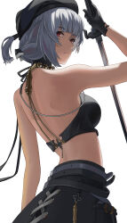 Rule 34 | 1girl, absurdres, back, bare shoulders, black beret, black bra, black gloves, black skirt, bra, closed mouth, commentary, cowboy shot, english commentary, from behind, from side, gloves, grey hair, hand up, highres, holding, holding sword, holding weapon, looking at viewer, midriff, naifu taihen, red eyes, sanhua (wuthering waves), short hair, sidelocks, simple background, skirt, solo, sword, underwear, weapon, white background, wuthering waves