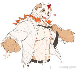Rule 34 | 1boy, abs, arknights, bara, belt, black belt, black necktie, chinese commentary, colored tips, commentary request, fangs, furry, heart, horns, hung (arknights), komainu boy, komainu ears, looking at viewer, male focus, multicolored hair, muscular, muscular male, navel, necktie, nipples, open mouth, pants, pectorals, run (arun six), shirt, single horn, smile, undone necktie, weibo logo, weibo watermark, white background, white pants, white shirt, yellow eyes
