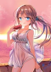Rule 34 | 1girl, :q, bare shoulders, blue eyes, blush, bra, breasts, brown hair, cola, dated, dress, female focus, hair ribbon, jin young-in, long hair, looking at viewer, medium breasts, no panties, original, outdoors, ribbon, see-through, smile, solo, standing, stone wall, sunset, tongue, tongue out, underwear, wall