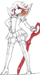 Rule 34 | 1girl, boots, breasts, closed mouth, commentary, detached sleeves, english commentary, full body, headgear, high heel boots, high heels, highres, holding, holding weapon, kill la kill, legs apart, long sleeves, looking at viewer, matoi ryuuko, medium breasts, miniskirt, navel, panties, scissor blade (kill la kill), senketsu, short hair, simple background, skirt, solo, standing, thigh boots, thighhighs, tonee, underwear, weapon, white background
