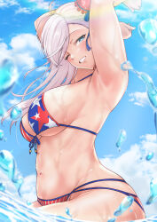 Rule 34 | 1girl, ;d, absurdres, american flag bikini, armpits, arms up, asymmetrical bangs, bikini, blush, breasts, bun cover, fate/grand order, fate (series), flag print, front-tie bikini top, front-tie top, grin, groin, highres, kueru 1285, large breasts, looking at viewer, miyamoto musashi (fate), miyamoto musashi (fate/grand order), miyamoto musashi (swimsuit berserker) (fate), miyamoto musashi (swimsuit berserker) (second ascension) (fate), navel, one eye closed, open mouth, sideboob, smile, solo, splashing, swimsuit, underboob, water drop, white hair