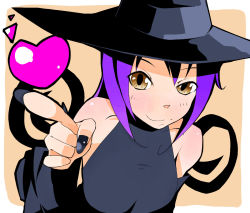 Rule 34 | 00s, bad id, bad pixiv id, bare shoulders, blair (soul eater), fingernails, hat, heart, nail, naosuke after, narju, pointing, purple hair, sleeveless, sleeveless turtleneck, smile, solo, soul eater, turtleneck, witch hat, yellow eyes