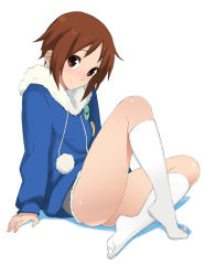 Rule 34 | 1boy, blush, brown eyes, brown hair, hood, hood down, ice climber, jacket, kneehighs, looking at viewer, male focus, musashimaru, nintendo, no shoes, pom pom (clothes), popo (ice climber), short hair, sitting, smile, socks, solo, trap, white socks, winter clothes