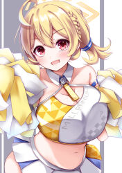 Rule 34 | 1girl, ahoge, blonde hair, blue archive, blush, breasts, cleavage, collar, detached collar, halo, highres, holding, holding pom poms, kotori (blue archive), kotori (cheer squad) (blue archive), kyouno komatsu, large breasts, looking at viewer, medium hair, millennium cheerleader outfit (blue archive), official alternate costume, open mouth, pom pom (cheerleading), pom poms, red eyes, short twintails, skirt, solo, twintails, white collar, white skirt, yellow halo