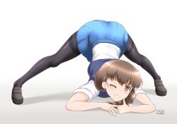 Rule 34 | 1girl, absurdres, arm support, artist name, black footwear, black pantyhose, blue skirt, braid, braided ponytail, brown eyes, brown hair, commentary, dated, dress shirt, girls und panzer, gradient background, grey background, grin, hair ornament, hair over shoulder, hairclip, highres, io-catalyst, jack-o&#039; challenge, light blush, loafers, long hair, looking at viewer, meme, miniskirt, one eye closed, pantyhose, pleated skirt, rukuriri (girls und panzer), school uniform, shadow, shirt, shoes, short sleeves, signature, single braid, skirt, smile, solo, spread legs, st. gloriana&#039;s school uniform, summer uniform, sweater, sweater vest, thighband pantyhose, thumbs up, top-down bottom-up, white background, white shirt