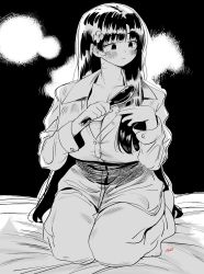 Rule 34 | 1girl, blush, breasts, brushing hair, brushing own hair, cleavage, flower, greyscale, hair flower, hair ornament, highres, huge breasts, large breasts, long hair, long sleeves, monochrome, original, pajamas, parted lips, ryusei hashida, seiza, sitting, solo, sweat, very long hair