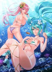 Rule 34 | 2girls, absurdres, air bubble, aqua bikini, aqua eyes, aqua footwear, aqua hair, aqua nails, arm tattoo, ass, banned artist, bikini, blue eyes, bracelet, breasts, bubble, commentary, covered erect nipples, cross-laced clothes, cross-laced legwear, curled fingers, earrings, floating hair, flower, fuyuki jun, hair flower, hair ornament, hand on own chest, hand up, hatsune miku, hibiscus, high heels, highres, hoop earrings, jewelry, knees, knees up, large breasts, light smile, linea alba, lips, long hair, looking at viewer, looking back, medallion, medium breasts, megurine luka, multiple girls, nail polish, navel, number tattoo, ocean, one eye closed, open mouth, pink hair, ponytail, purple bikini, reef (sanomsai products), shoulder blades, sideboob, spine, string bikini, striped bikini, striped clothes, swimsuit, tattoo, twintails, underwater, vocaloid, white flower, yellow flower