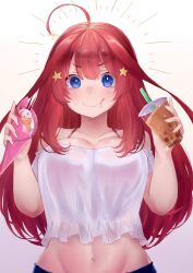 Rule 34 | 1girl, absurdres, ahoge, bare shoulders, blue eyes, blush, breasts, bubble tea, closed mouth, collarbone, cream, cream on face, crop top, cup, eating, food, food in mouth, food on face, go-toubun no hanayome, gradient background, hair ornament, hands up, highres, holding, holding cup, holding food, ice cream crepe, joshjostar0729, large breasts, long hair, looking at viewer, midriff, nakano itsuki, navel, red hair, shirt, short sleeves, simple background, smile, solo, sparkle, star (symbol), star hair ornament, white background, white shirt