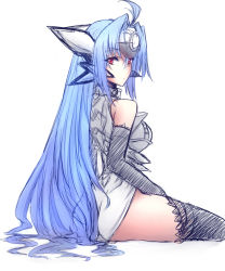 Rule 34 | 1girl, ahoge, android, bare shoulders, blue hair, breasts, commentary request, cyborg, highres, himo, kos-mos, large breasts, long hair, looking at viewer, looking back, red eyes, sideboob, solo, standing, very long hair, xenosaga