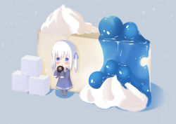 Rule 34 | 1girl, bad id, bad pixiv id, blue background, blue bow, blue dress, blue sailor collar, bow, cake, cake slice, cheesecake, chibi, commentary request, doughnut, dress, food, grey pantyhose, hair bow, highres, holding, holding food, liang feng qui ye, long hair, long sleeves, mini person, minigirl, original, pantyhose, sailor collar, sailor dress, sidelocks, sleeves past fingers, sleeves past wrists, solo, standing, striped, striped bow, sugar cube, twintails, white hair