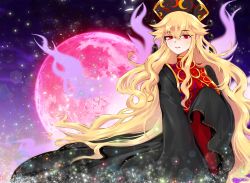 Rule 34 | 1girl, black dress, blonde hair, chinese clothes, crescent print, dress, fengguan, hat, junko (touhou), light particles, long hair, long sleeves, looking down, mindoll, moon, pink moon, red eyes, sidelocks, sleeves past fingers, sleeves past wrists, solo, tabard, touhou, very long hair, wide sleeves