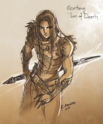 Rule 34 | 1boy, aura, belt, bracer, brown theme, closed mouth, dated, eyes visible through hair, holding, holding sword, holding weapon, kazuki-mendou, tolkien&#039;s legendarium, long hair, looking at viewer, male focus, monochrome, pants, signature, solo, standing, sword, the silmarillion, turin, weapon