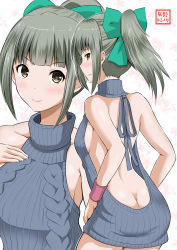 Rule 34 | 10s, 1girl, alternate costume, alternate hairstyle, ass, backless dress, backless outfit, bare back, blunt bangs, bow, breasts, brown eyes, butt crack, dress, floral background, from behind, green hair, hair bow, halterneck, hand on own chest, hands on own hips, highres, kantai collection, looking at viewer, medium breasts, meme attire, multiple views, naked sweater, no bra, no panties, ponytail, ribbed sweater, sidelocks, sleev, sleeveless, smile, sweater, sweater dress, turtleneck, turtleneck sweater, virgin killer sweater, white background, wristband, yano toshinori, yuubari (kancolle)