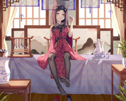 Rule 34 | 1girl, :p, black hair, blue eyes, blush, chinese clothes, feet, long hair, looking at viewer, see-through, see-through legwear, shoes, unworn shoes, sitting, soles, table, toes, tongue, tongue out
