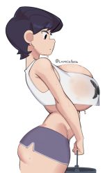 Rule 34 | 1girl, alternate breast size, ass, black hair, breasts, bucket, cowboy shot, crop top, crop top overhang, curvy, exercising, focused, from side, highres, holding, holding bucket, huge breasts, komi-san wa komyushou desu, komi shuuko, large breasts, long hair, lycoris (lyc0riss), mature female, md5 mismatch, no bra, short hair, short shorts, shorts, simple background, solo, standing, sweat, thick thighs, thighs, white background, wide-eyed